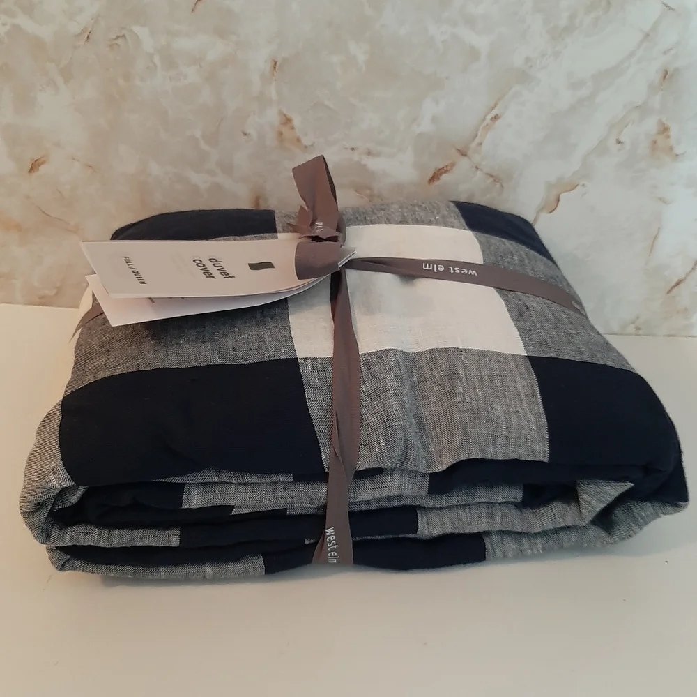 West Elm Heather Taylor Home Gingham Full Queen Linen Duvet Cover Midnight